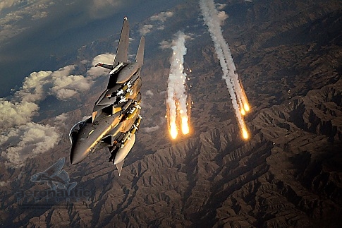 Military Stock Photos F-15E Stock Photos F-15E Strike Eagle - Combat - Flares - Afghanistan - Royalty Free